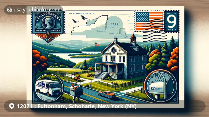 Modern illustration of Fultonham, NY postcard featuring The Old Stone Fort Museum Complex, Max V. Shaul State Park, New York state flag, Schoharie County outline, and postal theme with ZIP code 12071.