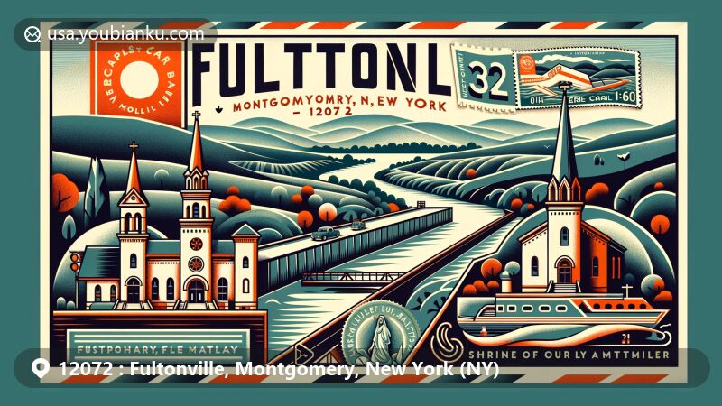 Modern illustration of Fultonville, Montgomery County, New York, with Erie Canal Lock E-13 and Shrine of Our Lady of Martyrs, set in rolling hills and rural landscapes, integrating postal theme with vintage airmail envelope showcasing ZIP code 12072.