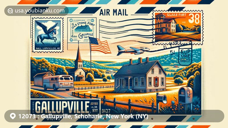 Modern illustration of Gallupville, Schoharie, NY, featuring air mail envelope with stamps of The Old Stone Fort and The Gallupville House, rural scenery, and American mailbox, showcasing postal and regional connection.