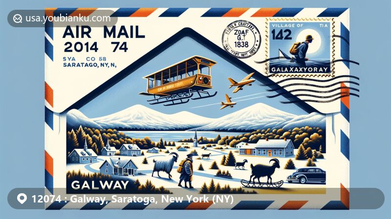 Modern illustration of Galway, Saratoga County, New York, showcasing postal theme with ZIP code 12074, featuring Galway Lake, village history, and winter activities at Into The Woods Farm.