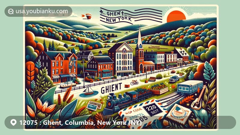 Modern illustration of Ghent, Columbia County, New York, capturing the natural beauty with lush forests and rolling hills, featuring historic town center, cultural landmarks like Flint Mine Hill and Ghent Playhouse, and vintage postal elements with ZIP code 12075.