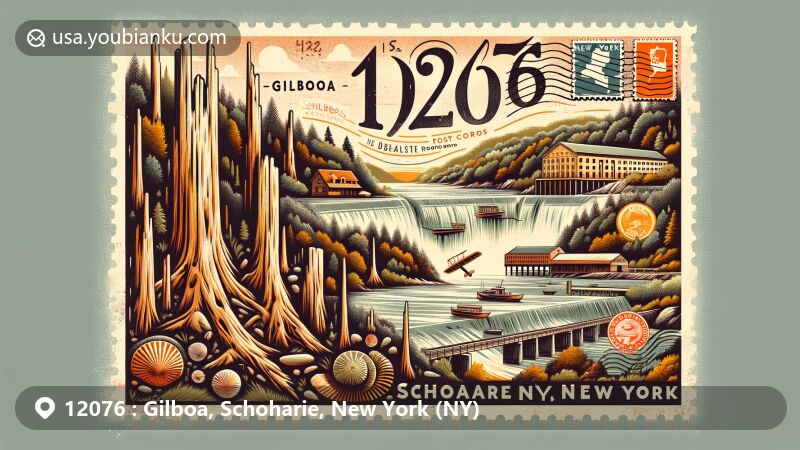 Modern illustration of Gilboa, NY, showcasing Gilboa Fossil Forest from the Devonian period, Gilboa Dam, and vintage postal theme with ZIP code 12076, emphasizing Schoharie County location.