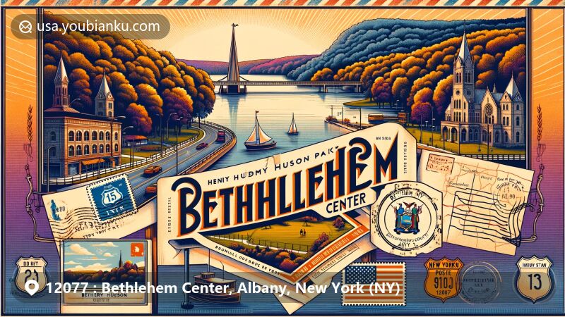Modern illustration of Bethlehem Center, Albany County, New York, showcasing postal theme with vintage postcard design, featuring Henry Hudson Park, New York State outline, and postal elements like stamps and postmarks.