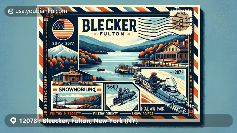 Modern illustration of Bleecker, Fulton area, New York, showcasing Chase Lake's scenic beauty and natural landmark, snowmobiling activities, Fulton County Historical Society elements, and Adirondack Park boundary, with New York state flag and postal elements like ZIP Code 12078, creating an engaging snapshot of the area's culture and attractions.