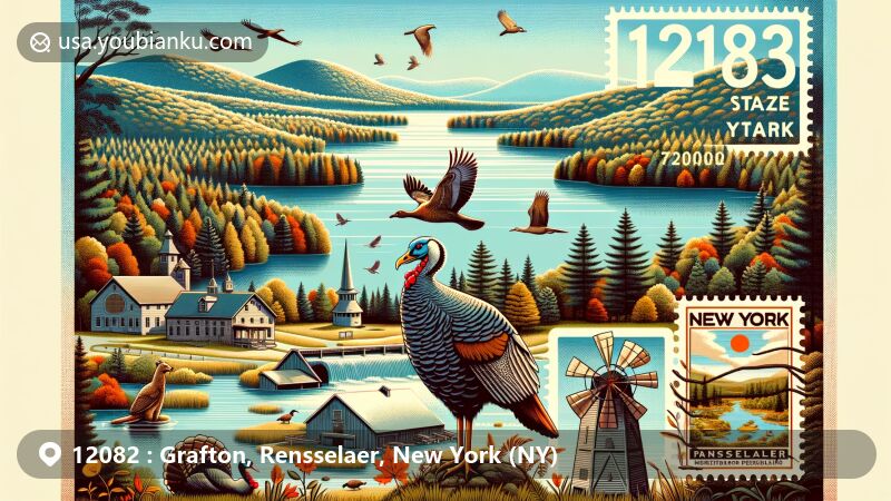 Modern illustration of Grafton, Rensselaer County, New York, showcasing Grafton Lakes State Park with lakes, mountains, and diverse wildlife, including wood ducks, northern goshawks, wild turkeys, and beavers.