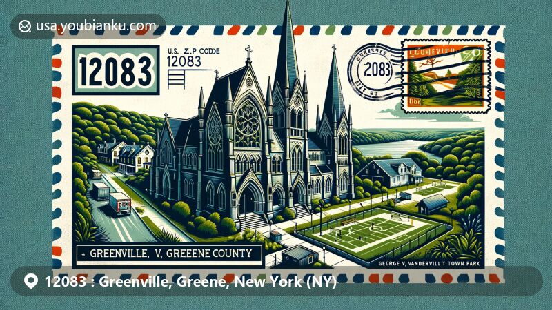 Illustration of Greenville, Greene County, New York, showcasing Gothic Revival architecture of Christ Church and natural beauty of George V. Vanderbilt Town Park, blending postal theme with vintage postcard elements and '12083' ZIP code stamp.