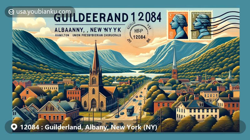 Modern illustration of Guilderland, Albany County, New York with ZIP code 12084, featuring scenic Helderberg Mountains, historic Hamilton Union Presbyterian Church, early industrial icon Hamilton Glass Works, and postal theme.