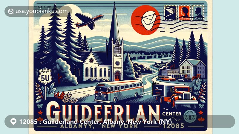 Modern illustration of Guilderland Center, Albany, New York, highlighting postal theme with ZIP code 12085, featuring natural beauty and iconic landmarks like Helderberg Reformed Dutch Church.