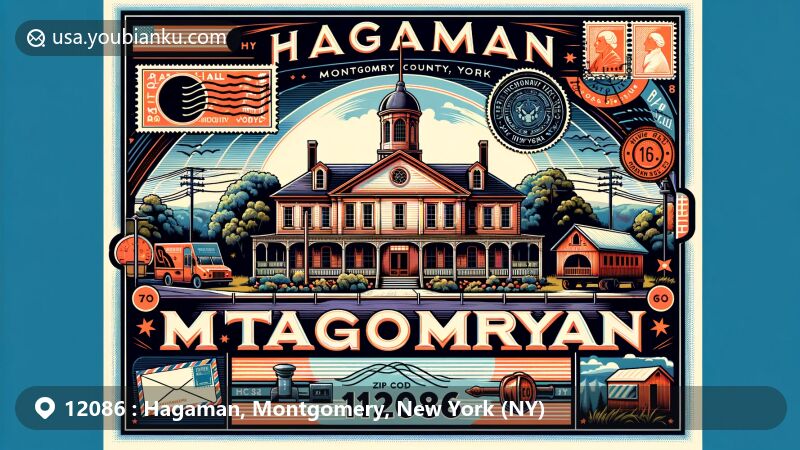 Modern illustration of Hagaman, Montgomery County, NY 12086, featuring historic Pawling Hall, vintage postal elements, and subtle geographical references.