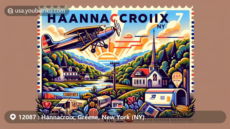 Vibrant illustration of Hannacroix, Greene County, New York, near the Hudson Valley, featuring postal theme elements like airmail envelope, stamps, and postal mark, creatively integrated with ZIP code 12087 and state abbreviation NY.