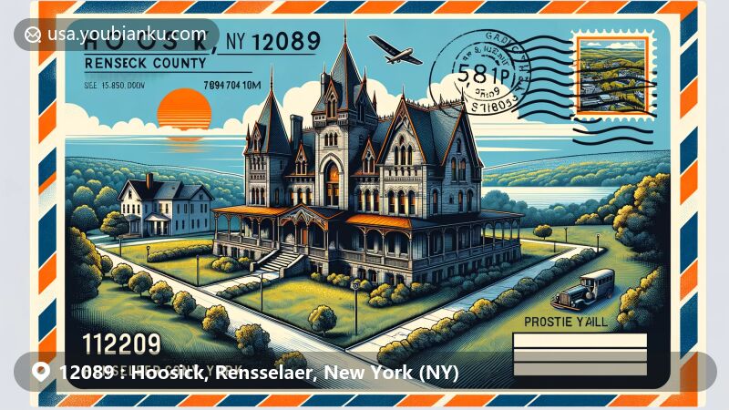 Modern illustration of Hoosick, Rensselaer County, New York, showcasing Gothic Revival style Tibbits House and scenic landscapes, featuring New York State flag and vintage air mail postcard theme with ZIP code 12089.