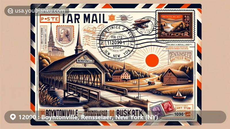 Modern illustration of Boyntonville, Rensselaer County, New York, featuring vintage air mail envelope with postal code 12090, showcasing Bennington Battlefield and Buskirk Covered Bridge.