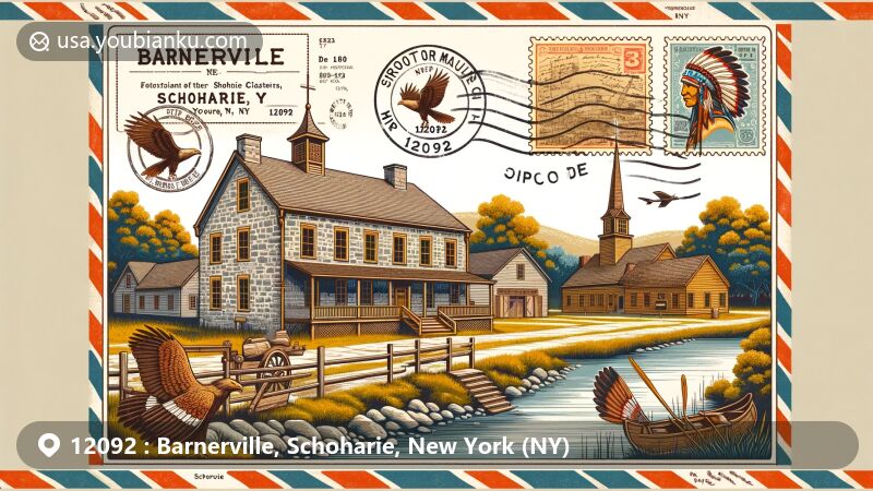 Modern illustration of Barnerville, Schoharie County, New York, representing creative postal theme with Old Stone Fort and Iroquois Indian Museum, showcasing colonial and Native American heritage.