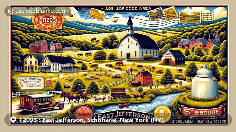 Modern illustration of East Jefferson, Schoharie County, New York, showcasing ZIP code 12093 with Catskill Mountains, iconic buildings, postal heritage, and modern attractions like maple production and outdoor activities.