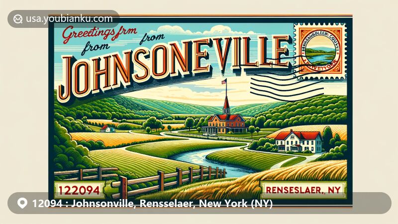 Modern illustration of Johnsonville, Rensselaer County, New York, featuring a postcard design with postal elements and New York state symbols.