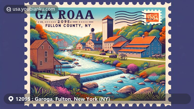 Modern illustration of Garoga, Fulton County, New York, depicting Garoga Site with Mohawk Indian village longhouse, 19th century town elements like mill and cheese factory, picturesque Garoga Creek, contemporary postal theme with Garoga, NY 12095 postmark and local flora and fauna.