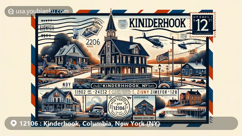 Modern illustration of Kinderhook, New York, showcasing iconic landmarks like James Vanderpoel House, Luykas Van Alen House, and Ichabod Crane Schoolhouse, with postal theme including postage stamp and ZIP code 12106, reflecting Dutch heritage and educational significance.