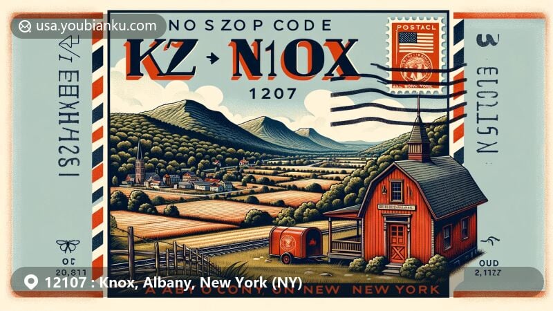 Modern illustration of Knox, Albany County, New York, capturing pastoral landscape with Helderberg Mountains in the background, emphasizing its rural charm. Depicts historic Palatine Path, showcasing town's early growth and route to Schoharie Valley. Features contemporary postal elements like vintage postcard layout, with NY state flag stamp area, '12107 Knox, NY' postmark, and classic red mailbox. Ingeniously includes town's 1,230 ft elevation and its scenic location in northwest Albany County subtly through scene's signs or markers. Creative design, eye-catching, perfect for ZIP code specialized websites, blending modern style with illustrative features, capturing essence of Knox and its postal heritage. Integrates geographical traits and postal elements harmoniously, suitable for display on postal code-themed webpages, showcasing natural beauty of the region and unique charm of postal culture.