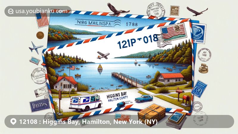 Modern illustration of Higgins Bay, Hamilton County, New York, featuring scenic Piseco Lake and postal theme with air mail envelope showcasing ZIP code 12108 and New York state flag postage stamp, surrounded by postal communication symbols.