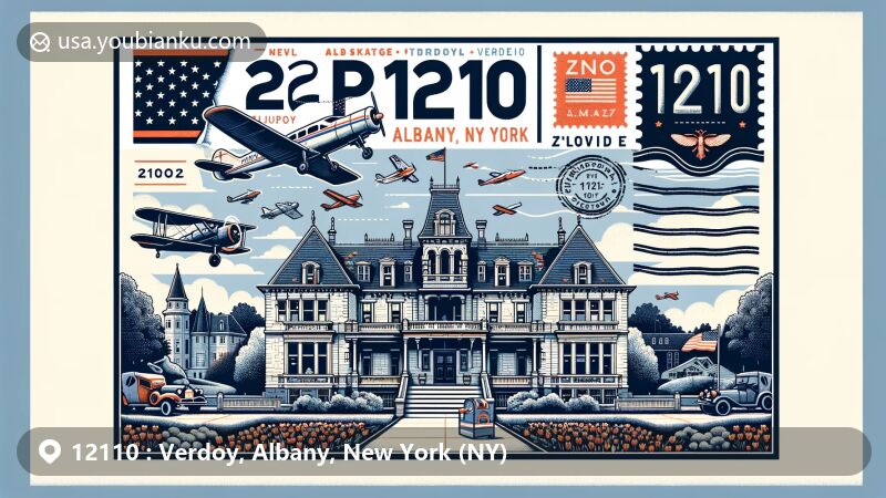 Modern illustration of Verdoy, Albany, New York, highlighting postal theme with ZIP code 12110, featuring Ten Broeck Mansion, Dutch colonial history, and aviation-themed envelope with postal elements.