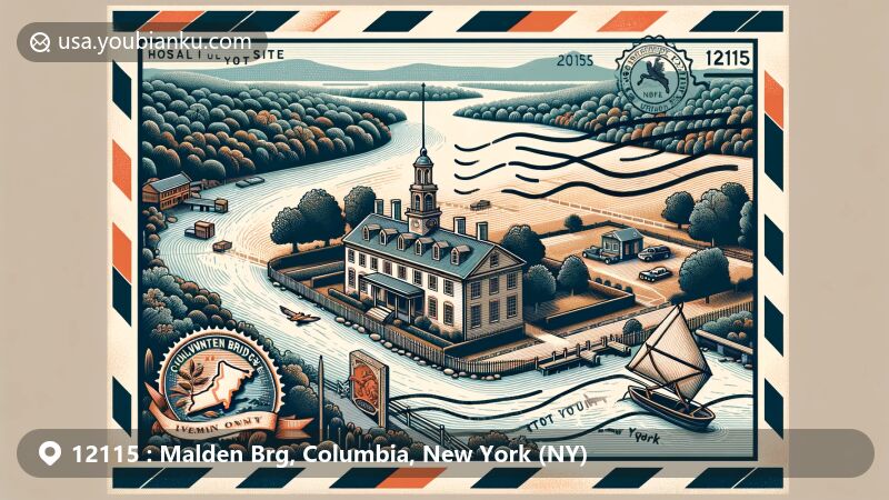 Modern illustration of Malden Bridge, Columbia County, New York, highlighting Clermont State Historic Site and postal theme with ZIP code 12115, featuring local natural beauty and New York state symbols.