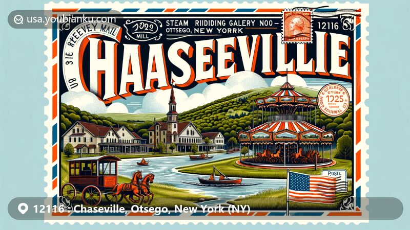 Modern illustration of Chaseville, NY, Otsego County, New York, showcasing postal theme with ZIP code 12116, featuring Schenevus Carousel, Maryland town landscape, Schenevus Creek, and vintage postal elements.