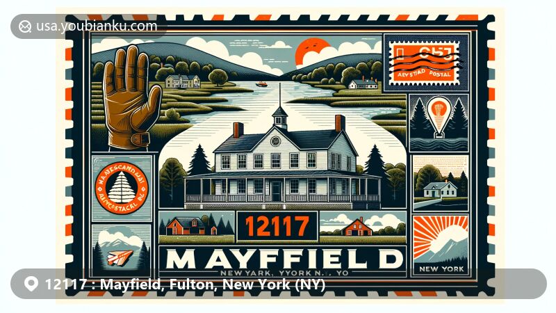Modern illustration of Mayfield, New York, showcasing Rice Homestead museum, Great Sacandaga Lake, and Adirondack Mountains, with postal stamp design highlighting ZIP code 12117 and town symbols.