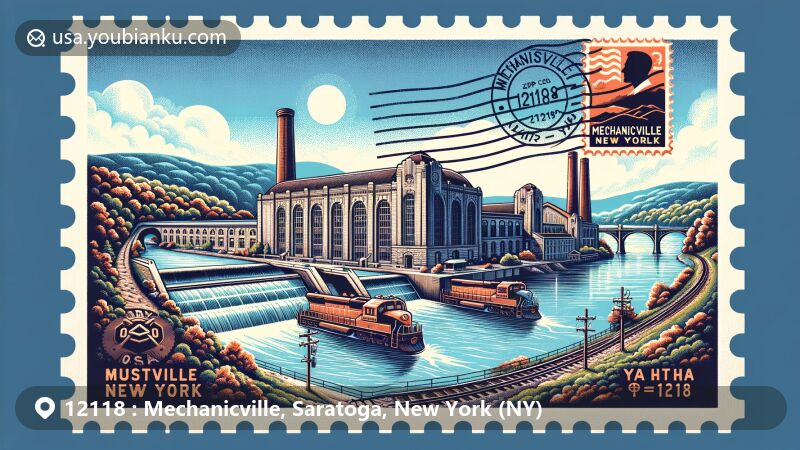 Modern illustration of Mechanicville, New York, showcasing postal theme with ZIP code 12118, featuring Hudson River and historic Mechanicville Hydroelectric Plant.