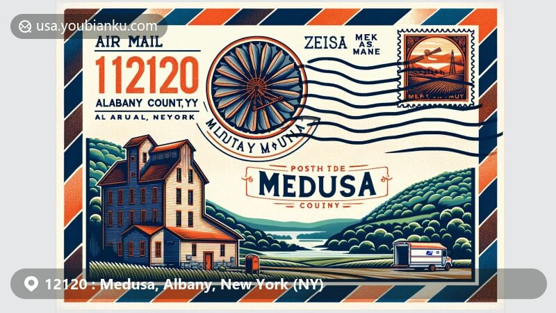 Modern illustration of Medusa area, Albany County, New York, depicting historical village origins as Hall's Mills transitioning to Medusa, with emblematic grist mill, lush rural landscape, vintage postal elements, and local flora and fauna.
