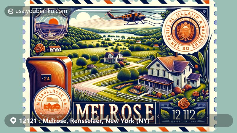 Modern illustration of Melrose, Rensselaer County, New York, with ZIP code 12121, featuring lush greenery, rural charm, iconic farmsteads, and postal elements like an air mail envelope and red mailbox.