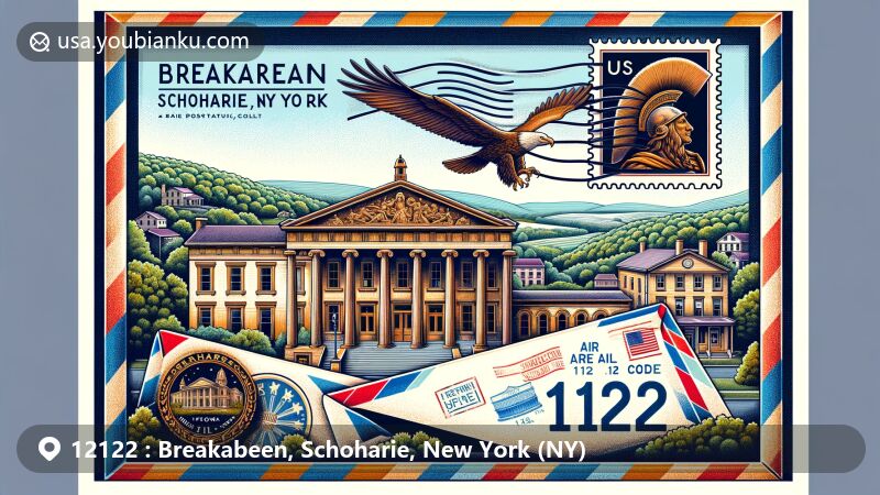 Vibrant illustration of Breakabeen, Schoharie County, New York, featuring Greek Revival architecture and airmail envelope with ZIP code 12122, capturing historic charm and natural beauty of the region.