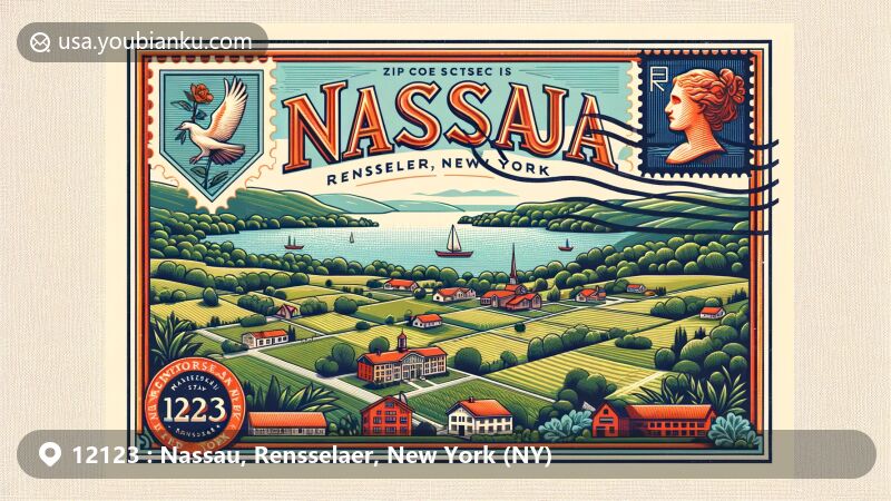 Modern illustration of Nassau, Rensselaer County, New York, with postal theme showcasing ZIP code 12123, featuring scenic view of Nassau Lake, village backdrop, and rolling hills.