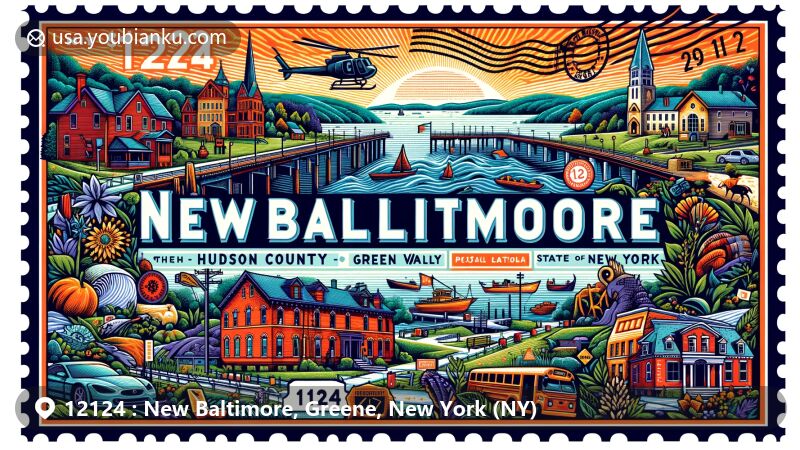 Modern illustration of New Baltimore, New York, in Greene County, showcasing postal theme with ZIP code 12124, featuring Hudson Valley landscapes and unique landmarks or cultural symbols of the region.