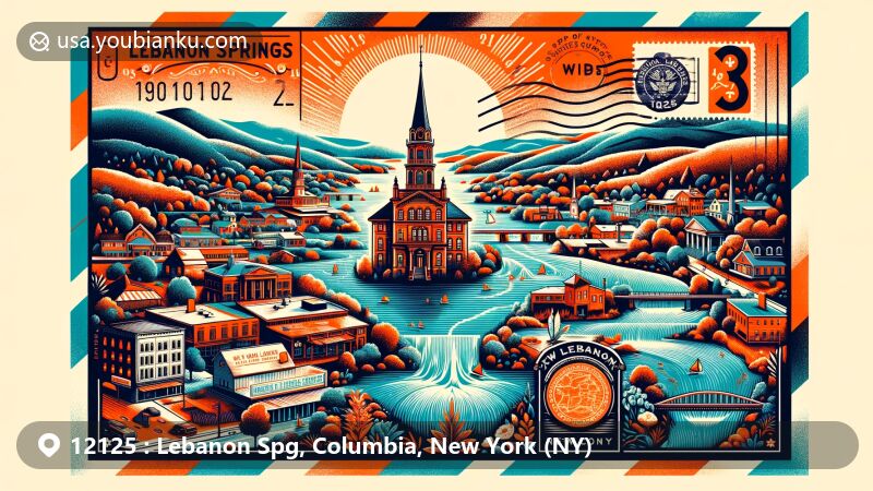 Modern illustration of Lebanon Springs, Columbia County, NY, inspired by ZIP code 12125, blending postal elements with local landmarks like Mount Lebanon Shaker Society and Lebanon Springs.