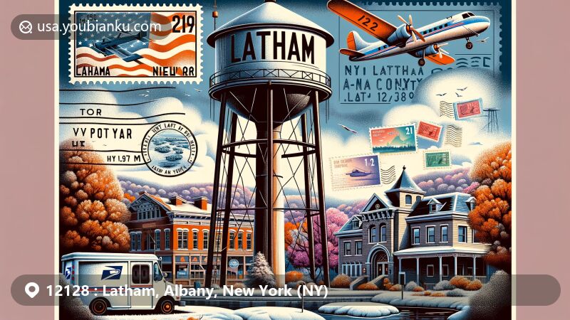 Modern illustration of Latham, Albany County, New York, featuring iconic Water Tower and dynamic community scene with seasonal changes, including postal nostalgia elements like vintage airmail envelope with integrated postage stamps showcasing ZIP code 12128 and classic postal truck.