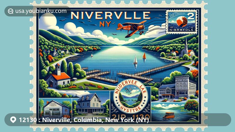Modern illustration of Niverville, NY, with Kinderhook Lake backdrop, showcasing postal theme with antique stamp, airmail envelope, and '12130' ZIP code postmark, featuring Valatie Free Library and Samascott Orchards.