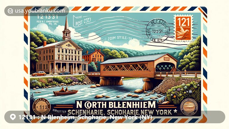 Modern illustration of North Blenheim, Schoharie County, New York, highlighting Greek Revival architectural elements and Old Blenheim Bridge, symbolizing history and resilience after Tropical Storm Irene, set on a vintage postcard with postal theme and ZIP code 12131.