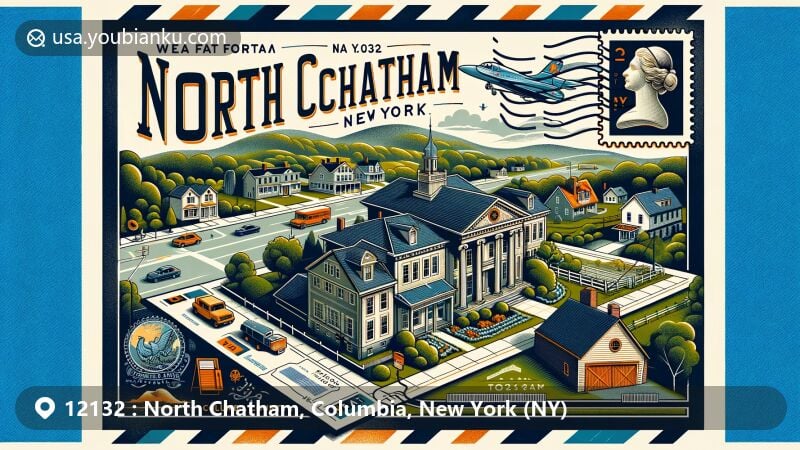 Modern illustration of North Chatham, NY showcasing postal theme with ZIP code 12132, featuring historic district buildings and New York state flag.