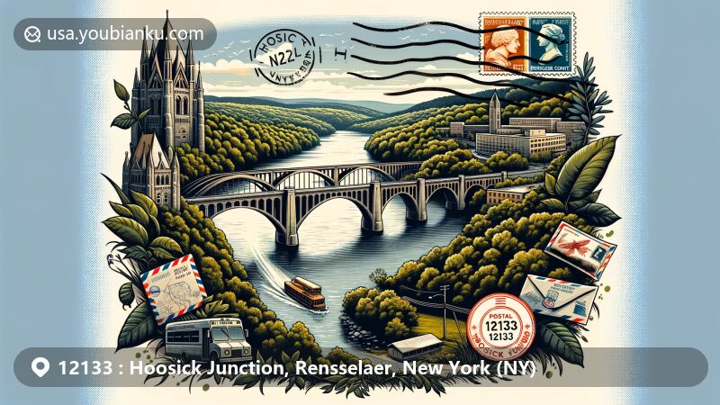 Modern illustration of Hoosick Junction, Rensselaer County, New York, featuring Buskirk Bridge, a vintage air mail envelope, stamps, and a postmark with ZIP code 12133, set in lush New York landscape.