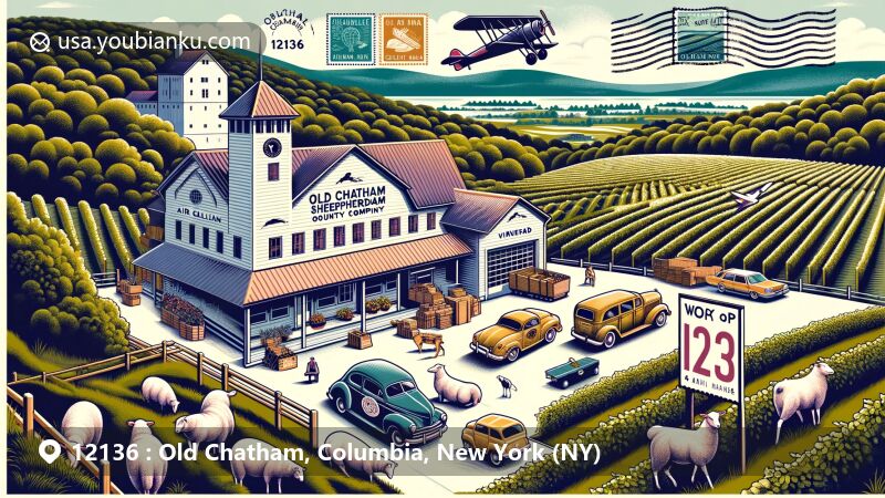 Modern illustration of Old Chatham, NY, showcasing postal theme with ZIP code 12136, featuring Old Chatham Sheepherding Company, Sabba Vineyard, and Old Chatham Country Store against Columbia County's scenic backdrop.