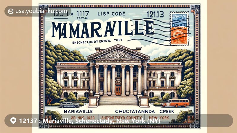 Creative vintage-style illustration of Mariaville, Schenectady County, New York, showcasing Greek Revival architectural style, Mariaville Lake, Chuctanunda Creek, and postal theme with ZIP code 12137.