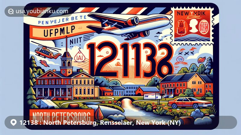 Modern illustration of North Petersburg, Rensselaer County, New York, capturing postal theme with ZIP code 12138, featuring creative airmail envelope with stamps and postmark.