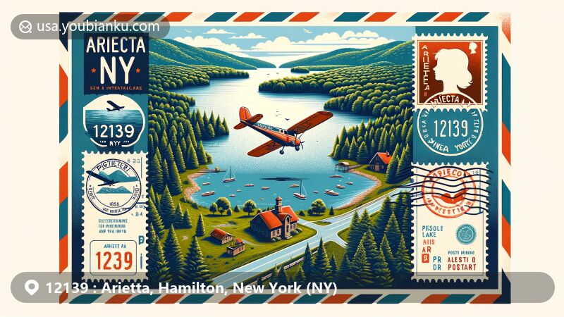 Modern illustration of Arietta, Hamilton County, New York, celebrating postal theme with ZIP code 12139, featuring Piseco Lake, Piseco Airport, and Adirondack Park.