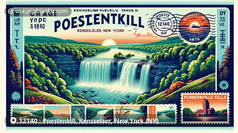 Modern illustration of Poestenkill, Rensselaer County, New York, featuring Barberville Falls and postal elements with a vintage air mail envelope, stamp, and postmark.