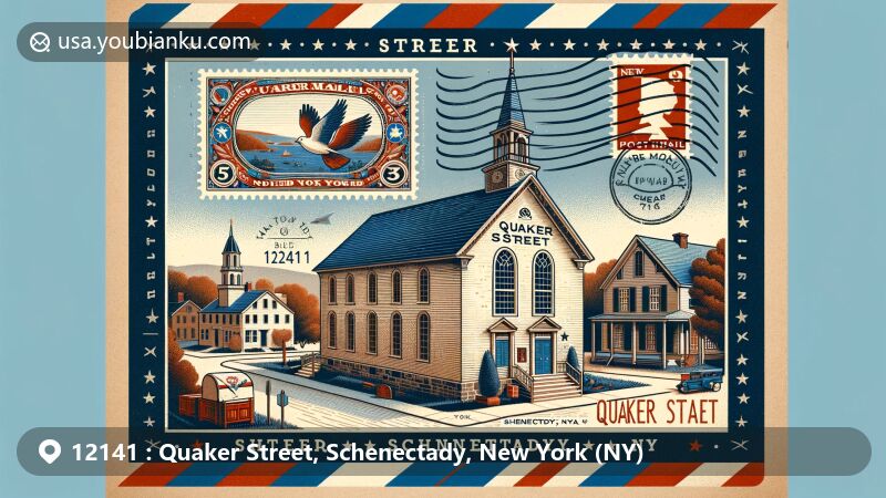 Modern illustration of Quaker Street, Schenectady County, showcasing Quaker Meeting House and postal elements with vintage stamp, postmark 'Quaker Street, NY 12141', and antique mailbox, set in warm colors.