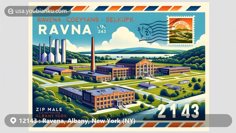 Modern illustration of Ravena, Albany County, New York, featuring Ravena-Coeymans-Selkirk High School and Middle School, set on an air mail envelope with a postal theme and New York State flag stamp.