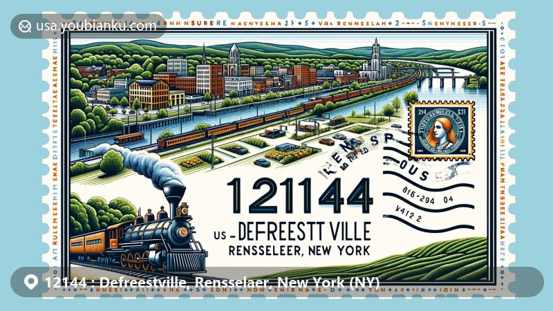Modern illustration of Defreestville, Rensselaer, New York, showcasing postal theme with ZIP code 12144, featuring historical and industrial significance, suburban growth, natural geography, and postal elements.