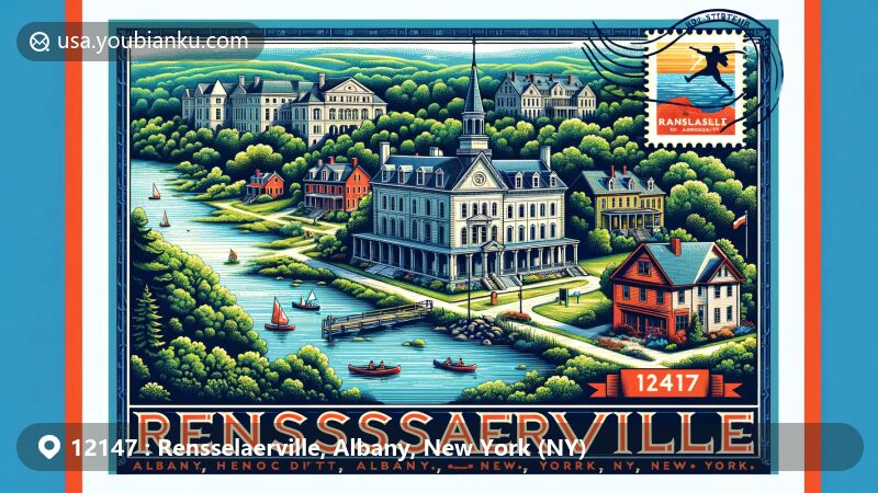 Modern depiction of Rensselaerville, Albany County, New York, ZIP code 12147, highlighting historic allure with Greek Revival and Gothic architecture, and showcasing natural beauty of Huyck Preserve.