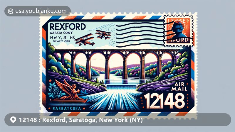 Modern illustration of Rexford, Saratoga County, New York, featuring postal theme with ZIP code 12148, showcasing Rexford Aqueduct remains and Mohawk River.