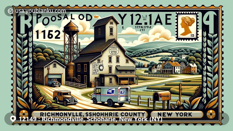 Modern illustration of Richmondville, Schoharie County, New York, showcasing historic Bunn-Tillapaugh Feed Mill with postal elements including vintage stamp, mail truck, and mailbox, set against rural backdrop.